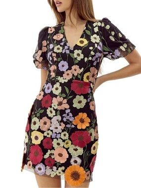 Adelyn Rae Black Mini Dress with Multi-Color Floral Embroidery